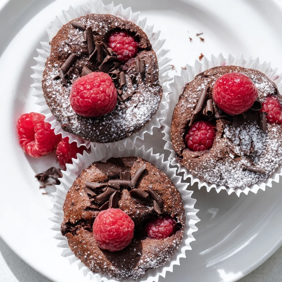 Freshly baked Raspberry Chocolate Lava Cupcakes dusted with powdered sugar on a marble surface.  
