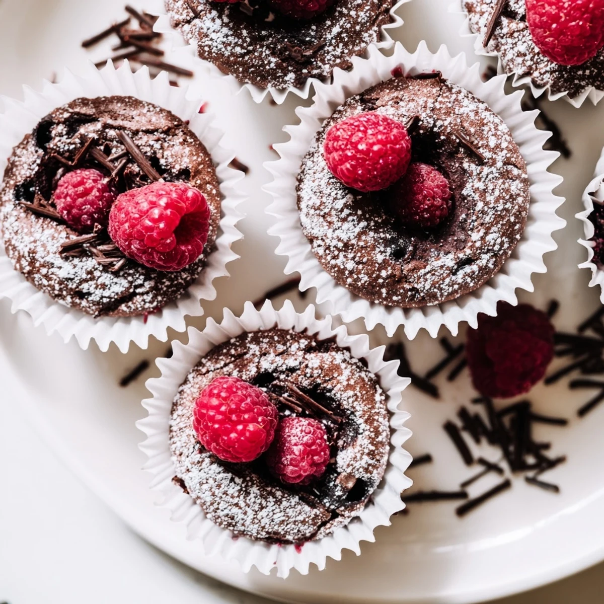 Elegant Raspberry Chocolate Lava Cupcakes garnished with fresh berries and chocolate shavings on a plate.
