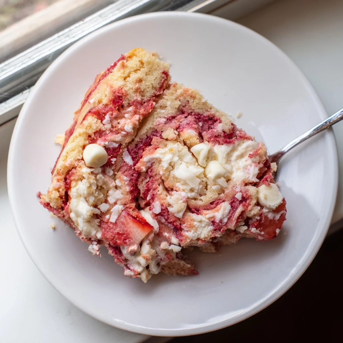 The finished Strawberry Earthquake Cake shows a marbled pattern with strawberry swirls and creamy white chocolate chunks.