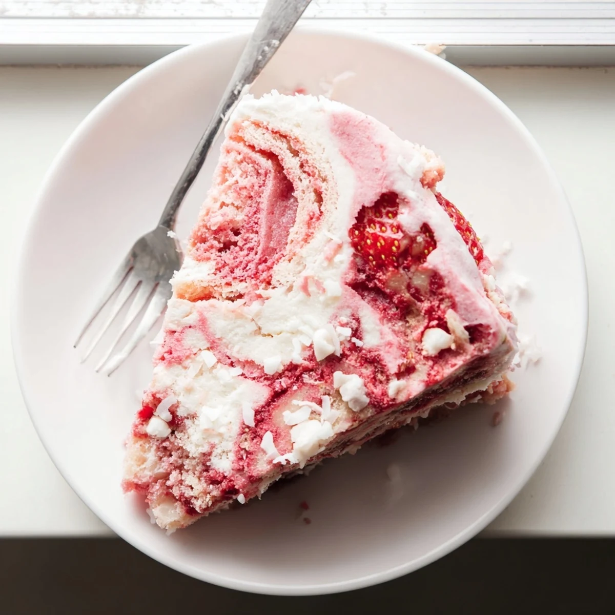 A serving of Strawberry Earthquake Cake on a white plate, featuring moist crumb and vibrant strawberry chunks throughout.