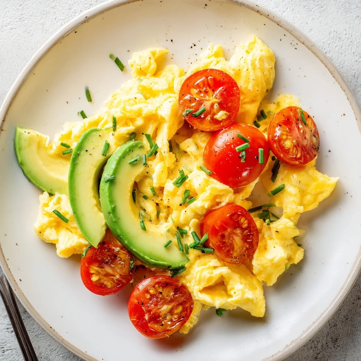 Fluffy scrambled eggs with avocado and seared tomatoes on a warm plate, ready for a nutritious breakfast.