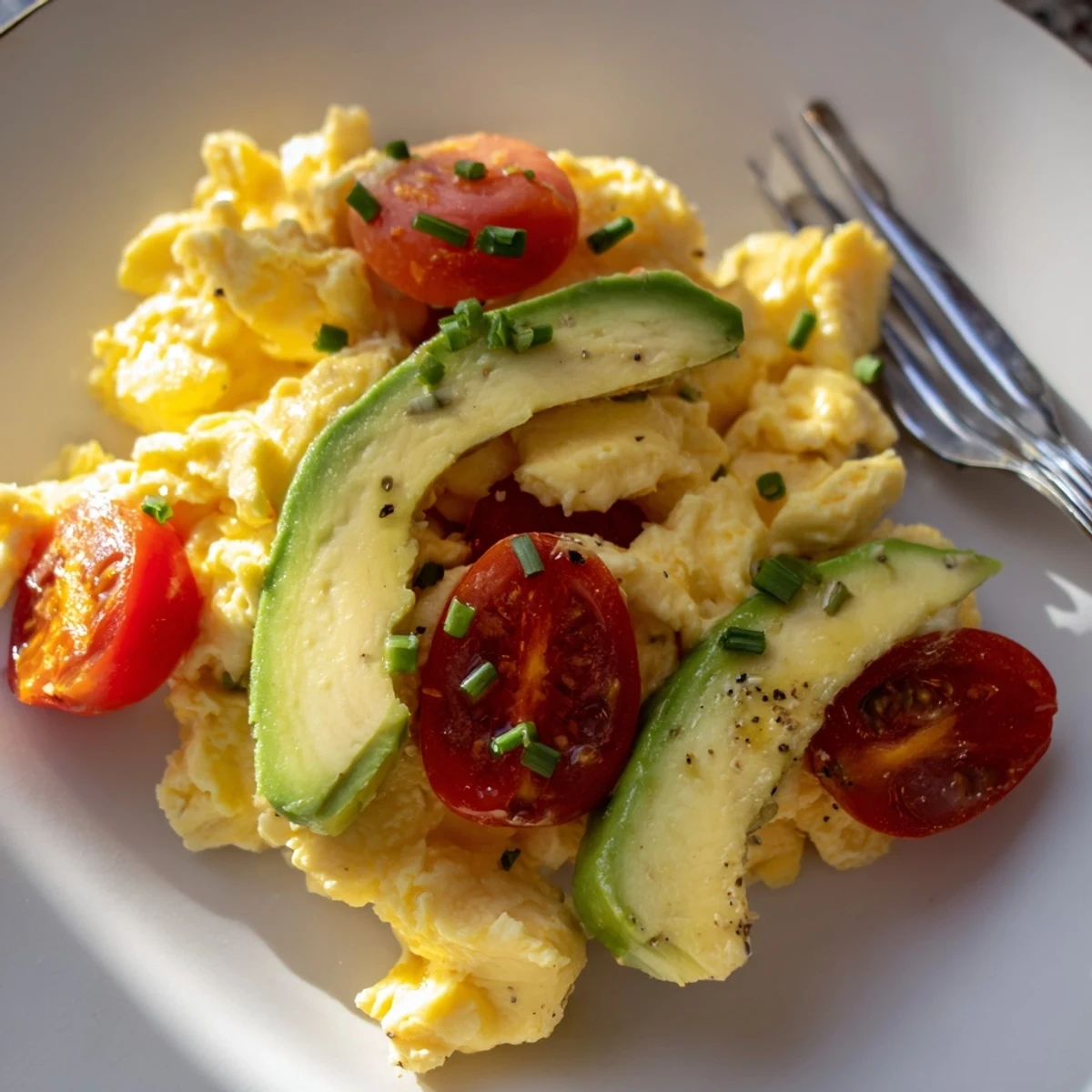 Bright cherry tomatoes and creamy avocado slices top fluffy scrambled eggs for a vibrant, healthy brunch dish.