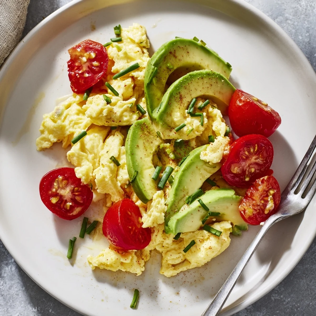 A warm serving of scrambled eggs with avocado and seared tomatoes alongside buttery whole-grain toast.
