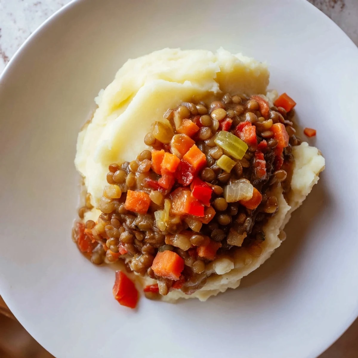 Steaming bowl of Lentil Stew Over Creamy Mashed Potatoes garnished with fresh parsley, served as a cozy vegetarian main dish.