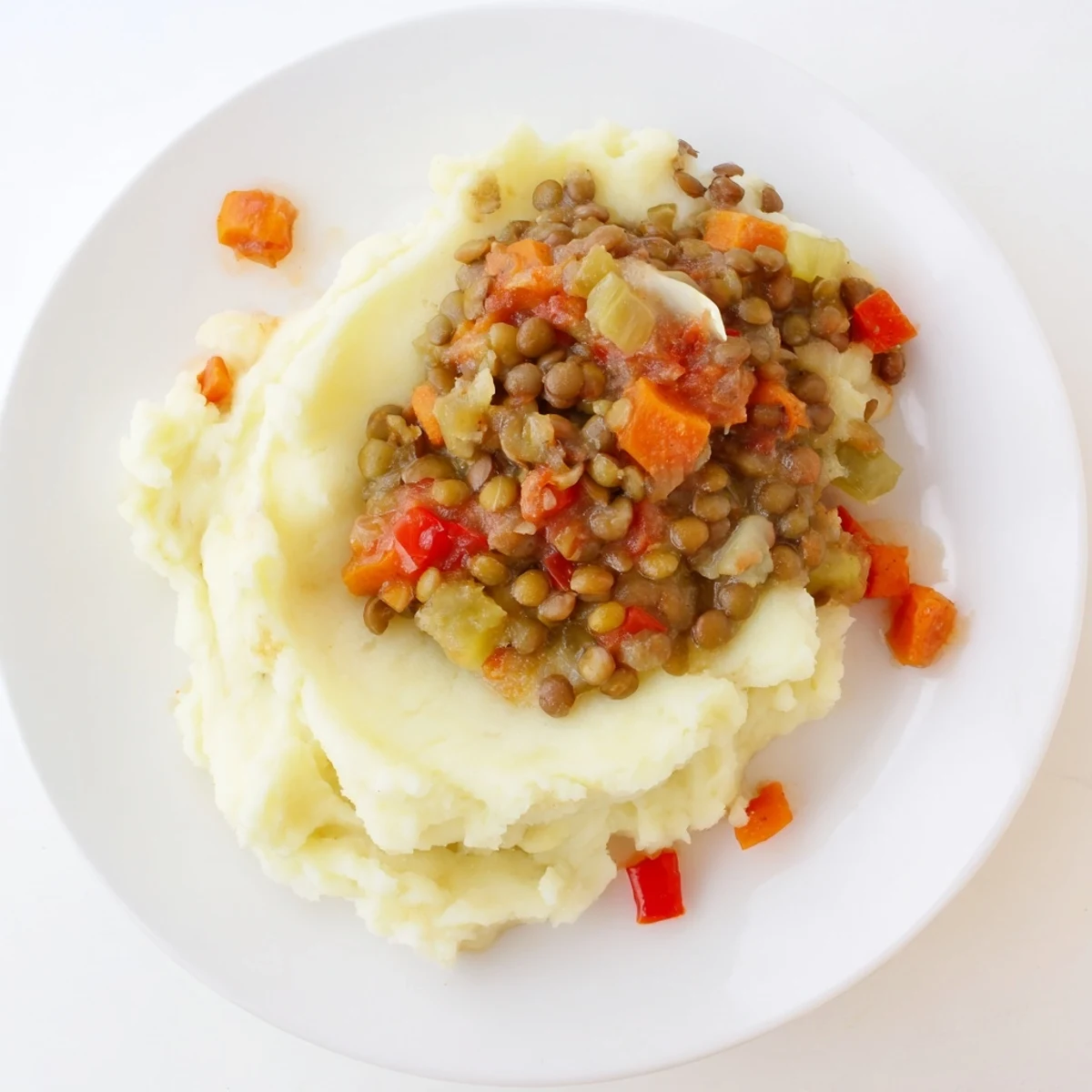 A close-up view of Lentil Stew Over Creamy Mashed Potatoes showing rich, thick lentil gravy over fluffy, buttery mashed potatoes.