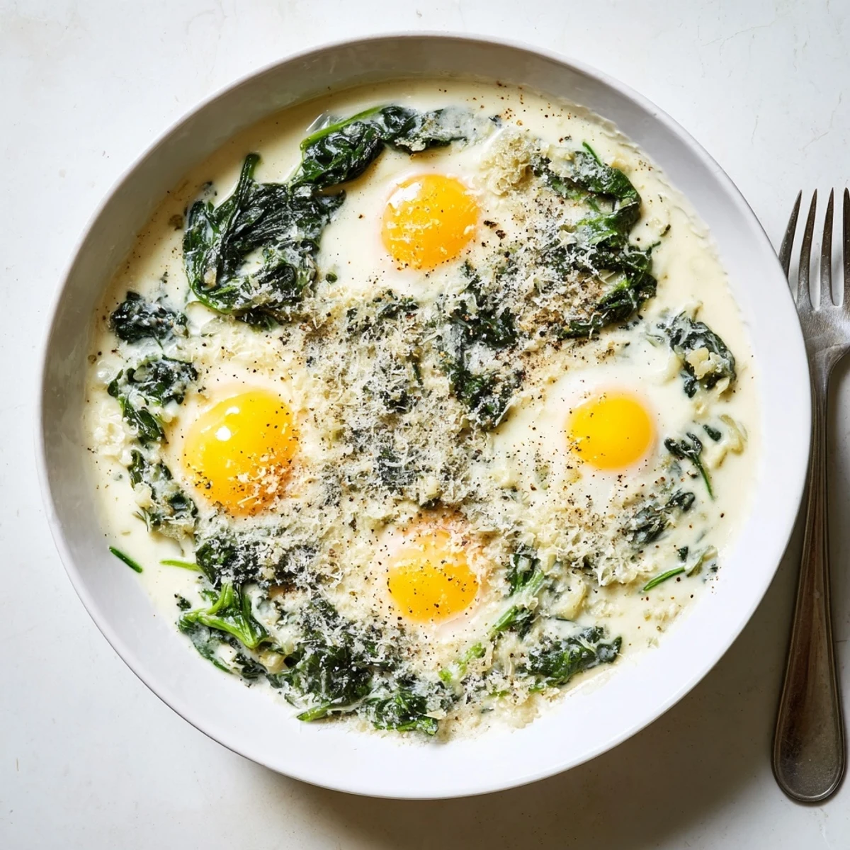 Creamy Spinach and Eggs simmered in a velvety sauce, topped with perfectly cooked eggs in a rustic skillet.