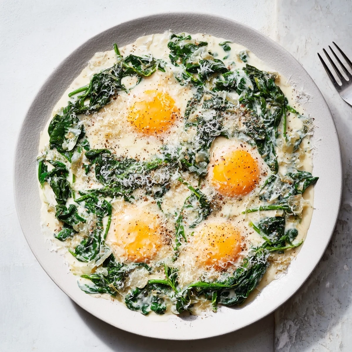Close-up of Creamy Spinach and Eggs, featuring wilted spinach and rich sauce in a warm, comforting dish.