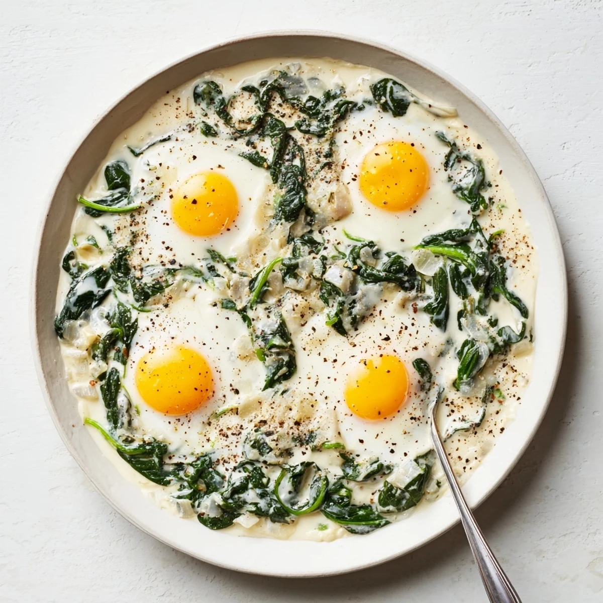 A serving of Creamy Spinach and Eggs with runny yolks, perfect for dipping gluten-free toast points.