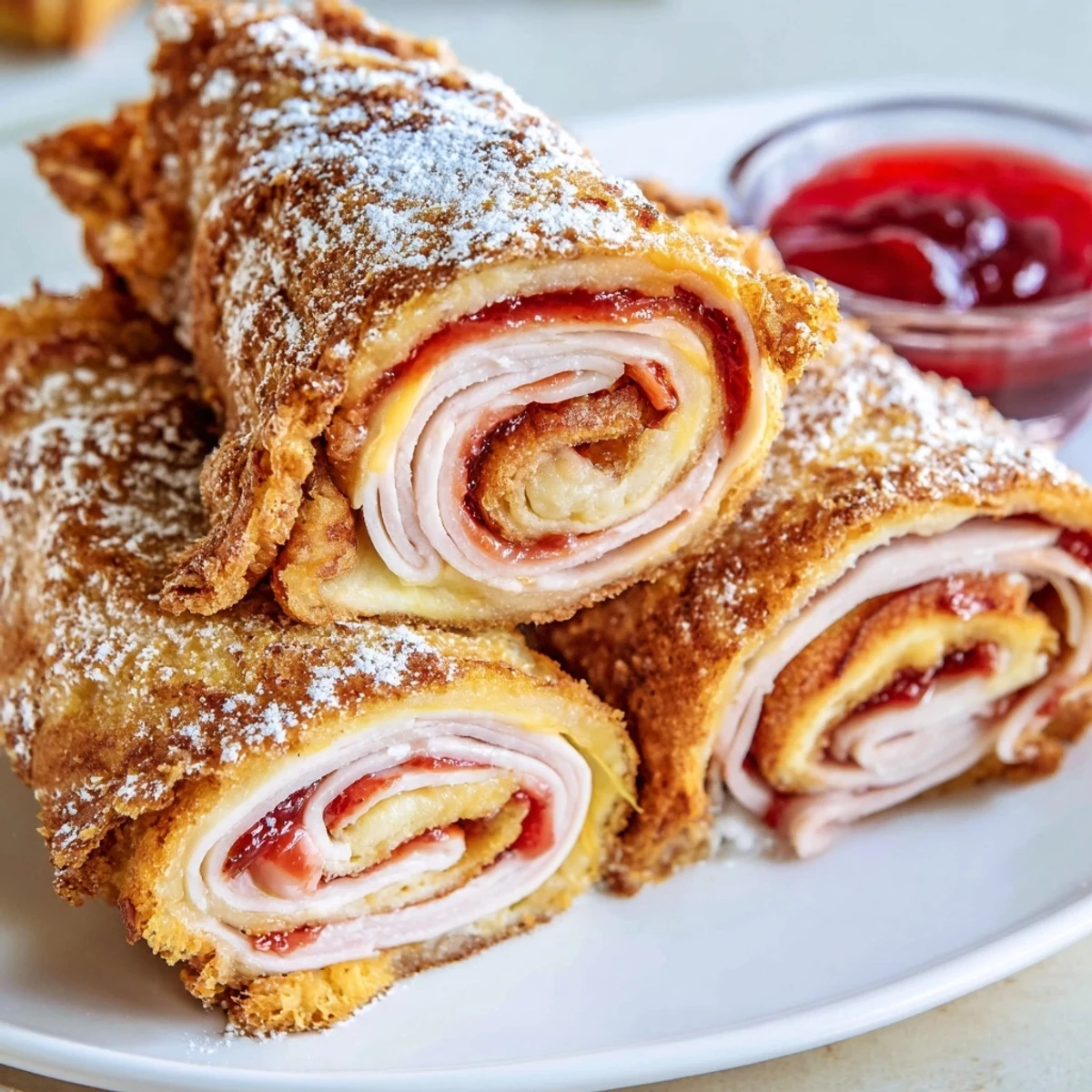 Pan-fried Monte Cristo Roll Ups stacked on a plate with powdered sugar and raspberry jam for dipping.