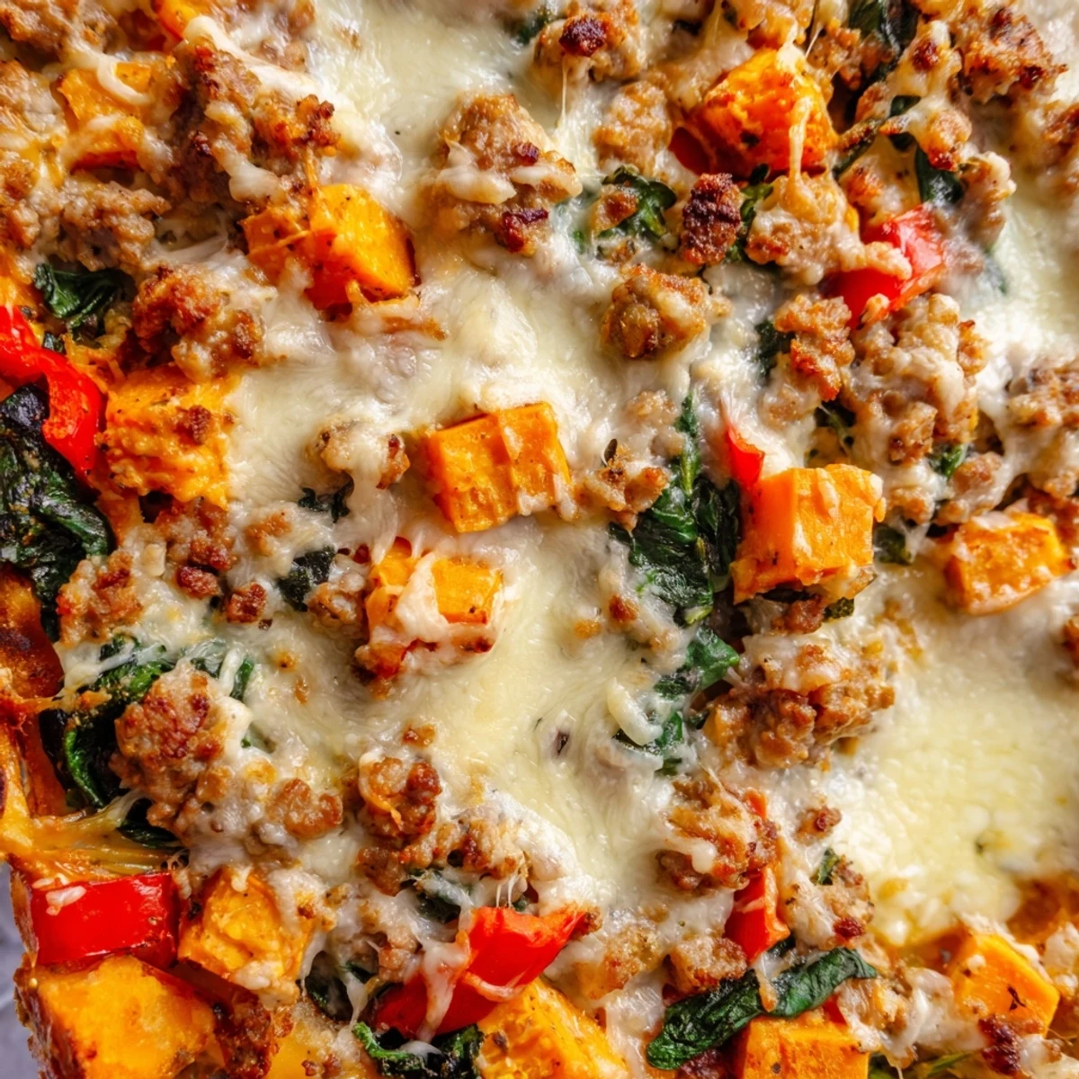 Golden-brown Ground Turkey Sweet Potato Bake with melted mozzarella and Parmesan, fresh from the oven and bubbling.