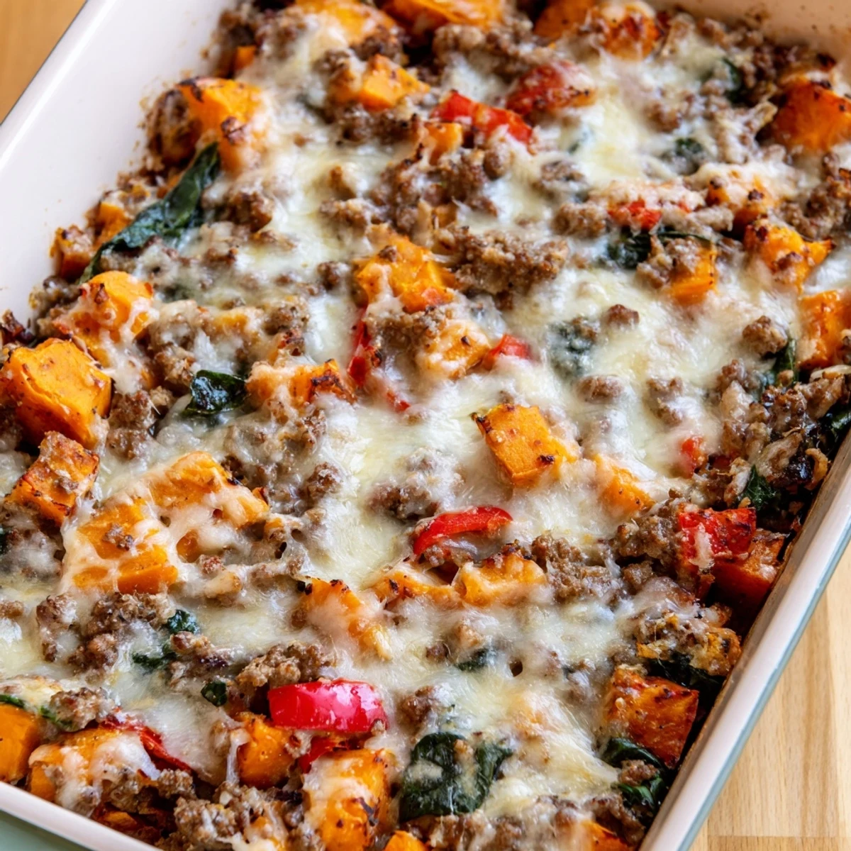 Ground Turkey Sweet Potato Bake served in a white dish, a hearty casserole with spinach and red bell pepper.