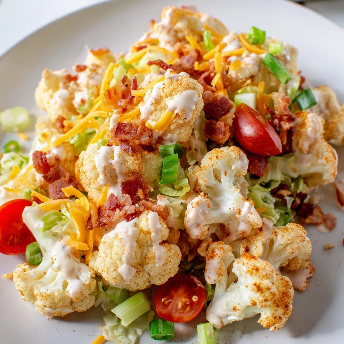 Golden roasted cauliflower florets, crispy crumbled bacon, juicy halved tomatoes, and chopped romaine lettuce tossed in a creamy dressing in a white bowl, showcasing the BLT Cauliflower Salad.  