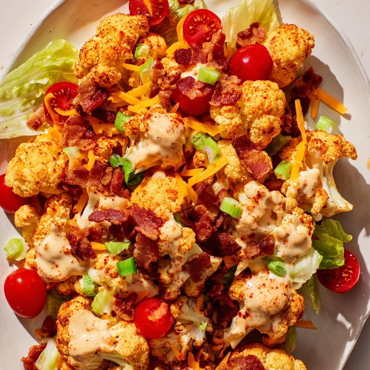 Close-up of BLT Cauliflower Salad featuring golden roasted cauliflower, green onions, and shredded cheddar cheese on a rustic wooden table for serving.