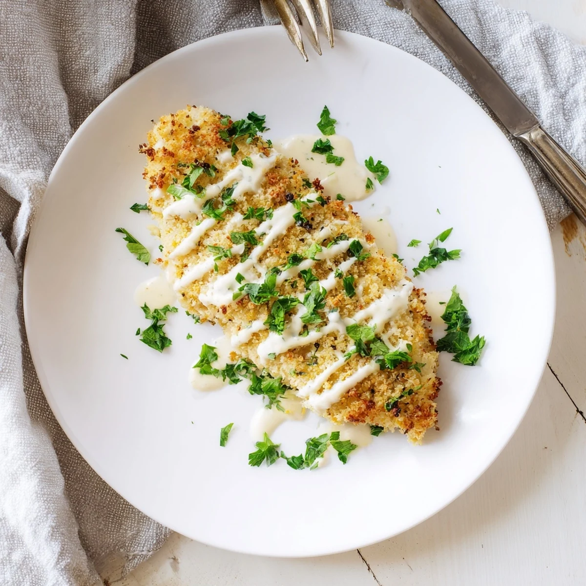 Golden, crispy Parmesan crusted chicken breasts with creamy ranch spread, served on a plate with mashed potatoes and steamed green beans.