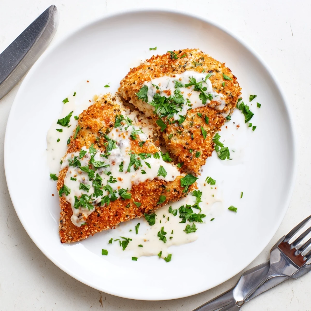 Sizzling pan-seared chicken topped with melted provolone and mozzarella, finished with a golden panko crust on a rustic wooden board.