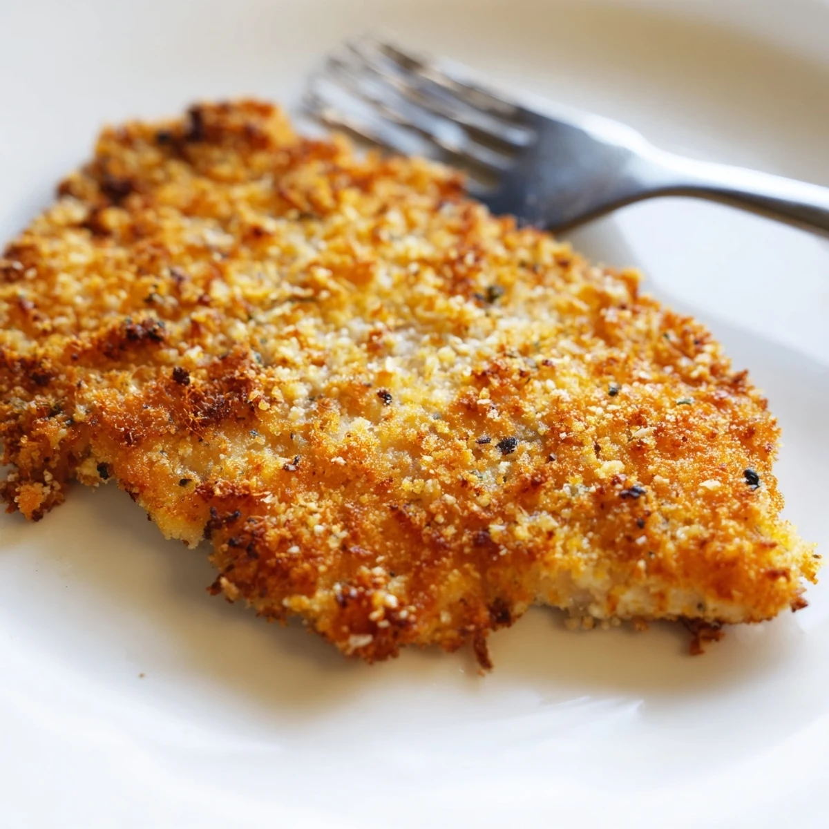 Golden, crispy Air Fryer Parmesan Crusted Chicken breasts served on a white plate with fresh parsley garnish.