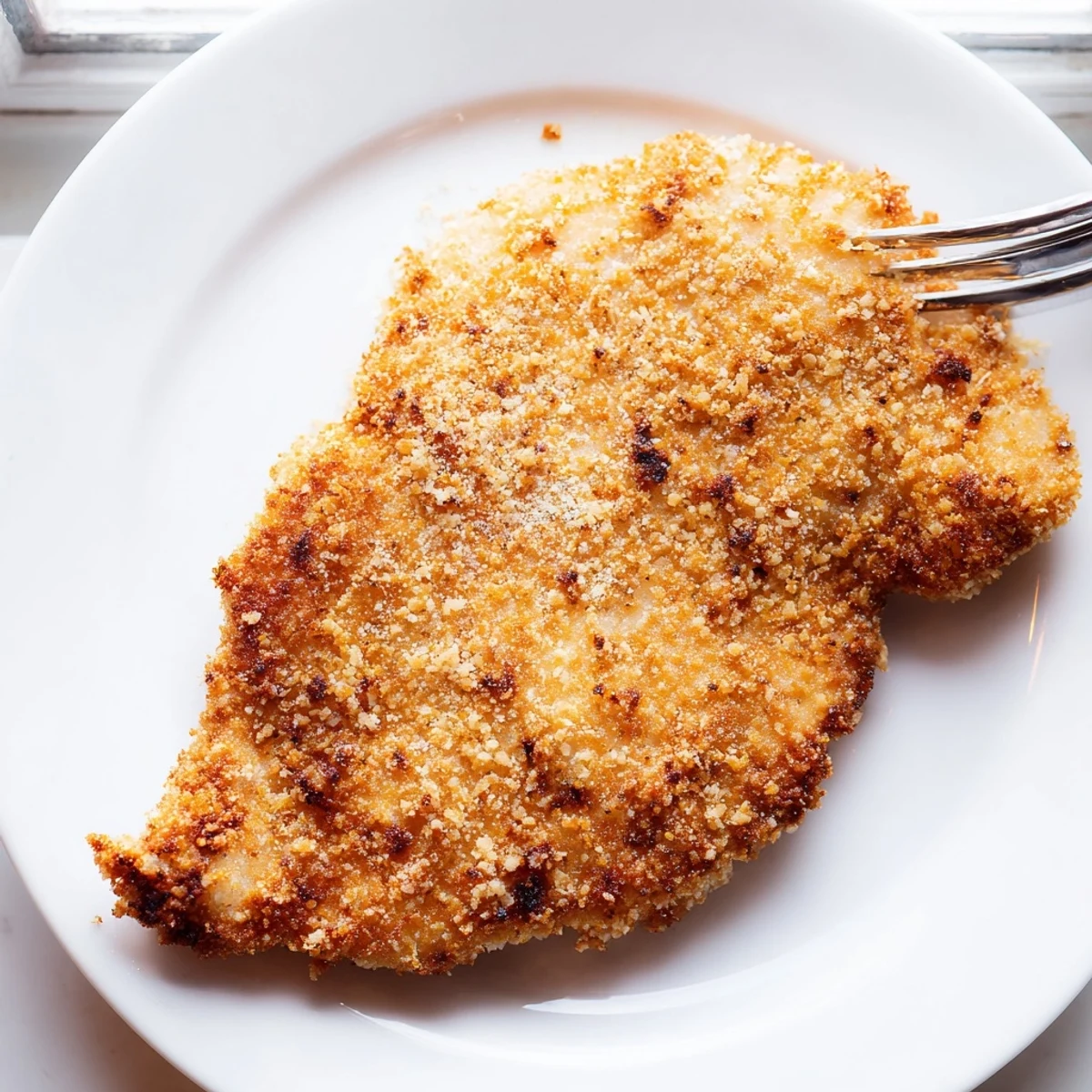 Close-up view of Air Fryer Parmesan Crusted Chicken revealing the crunchy panko and parmesan coating and juicy interior.