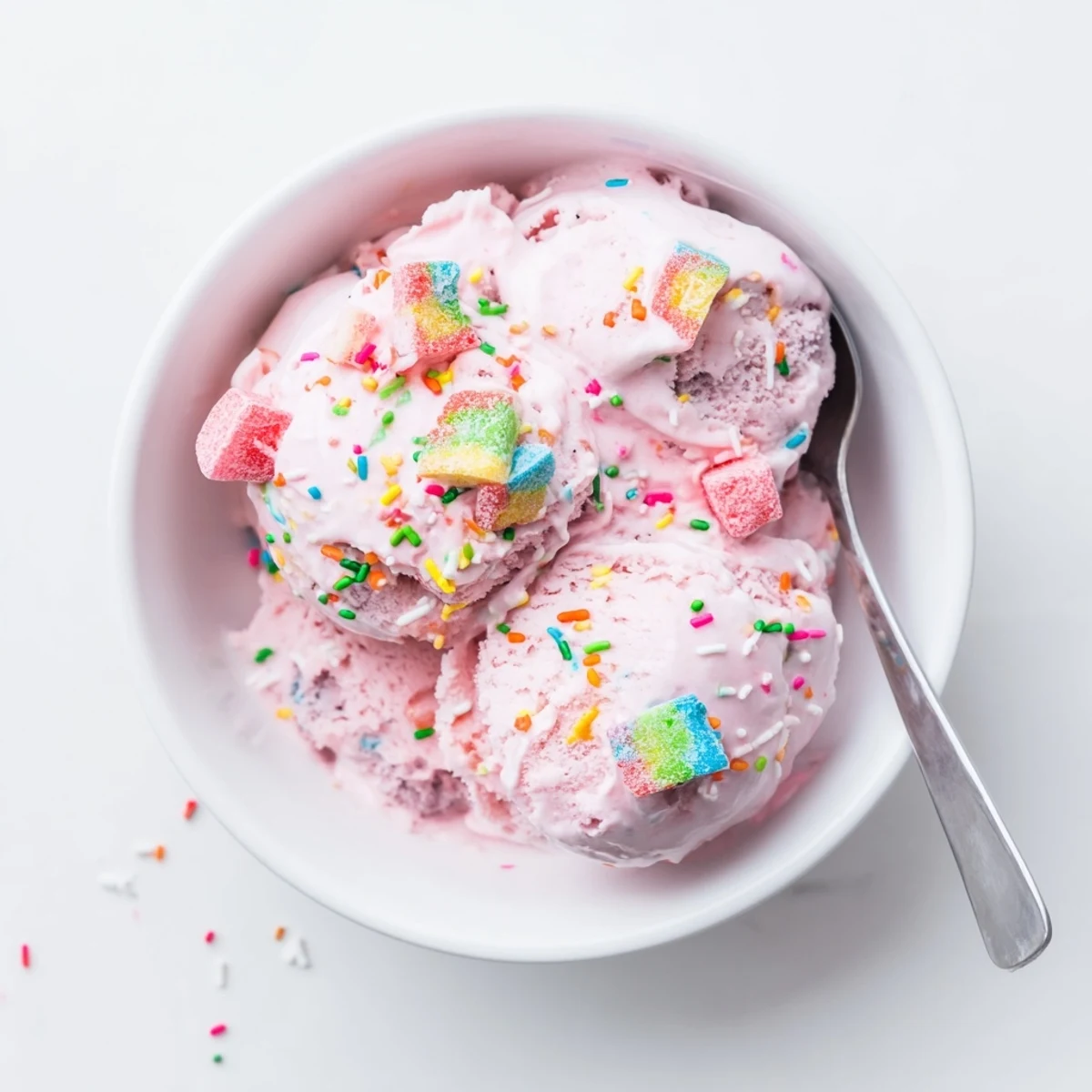 Homemade No Churn Bubblegum Ice Cream with a soft, creamy texture and fun bubblegum candy mix-ins.