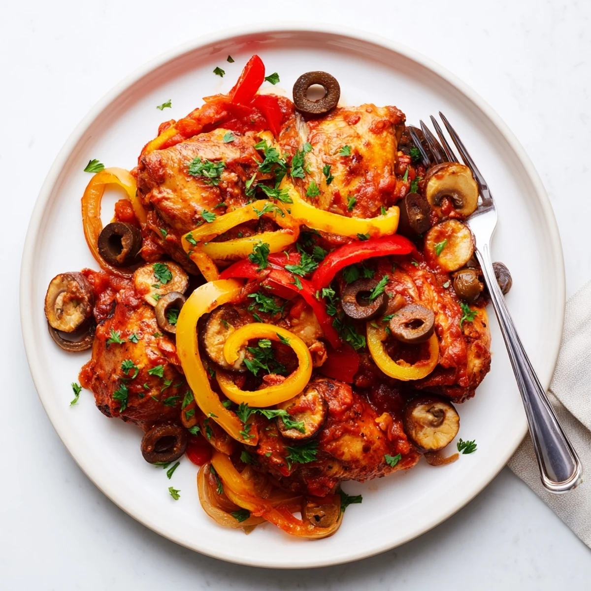 Savory Slow Cooker Chicken Cacciatore served over creamy polenta, garnished with fresh parsley and olives.