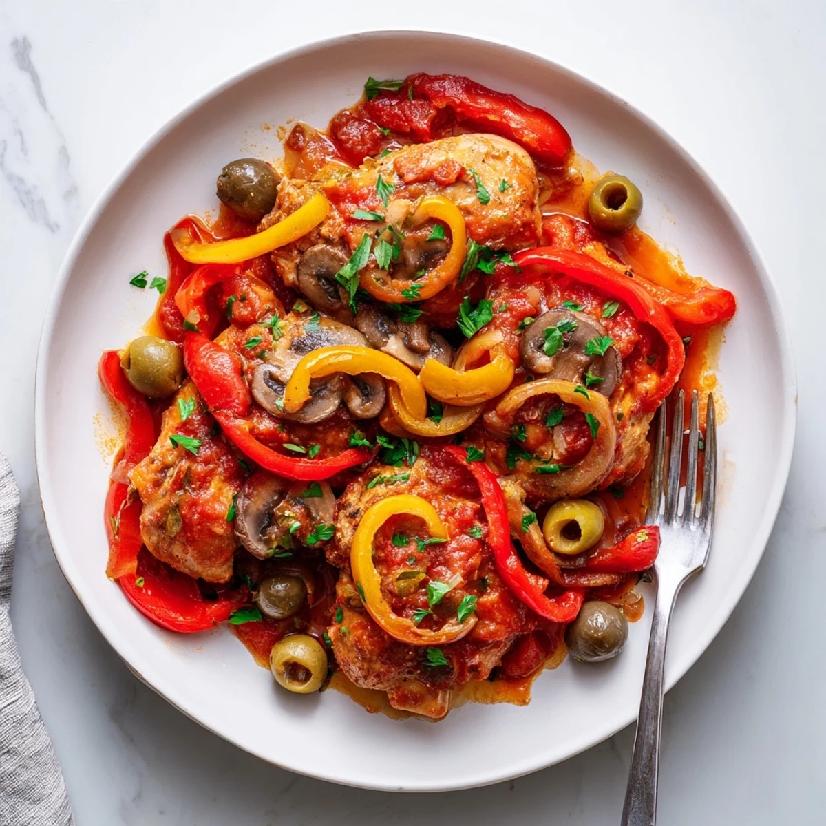 Hearty Slow Cooker Chicken Cacciatore with tender chicken thighs, mushrooms, and onions in a rustic red sauce.