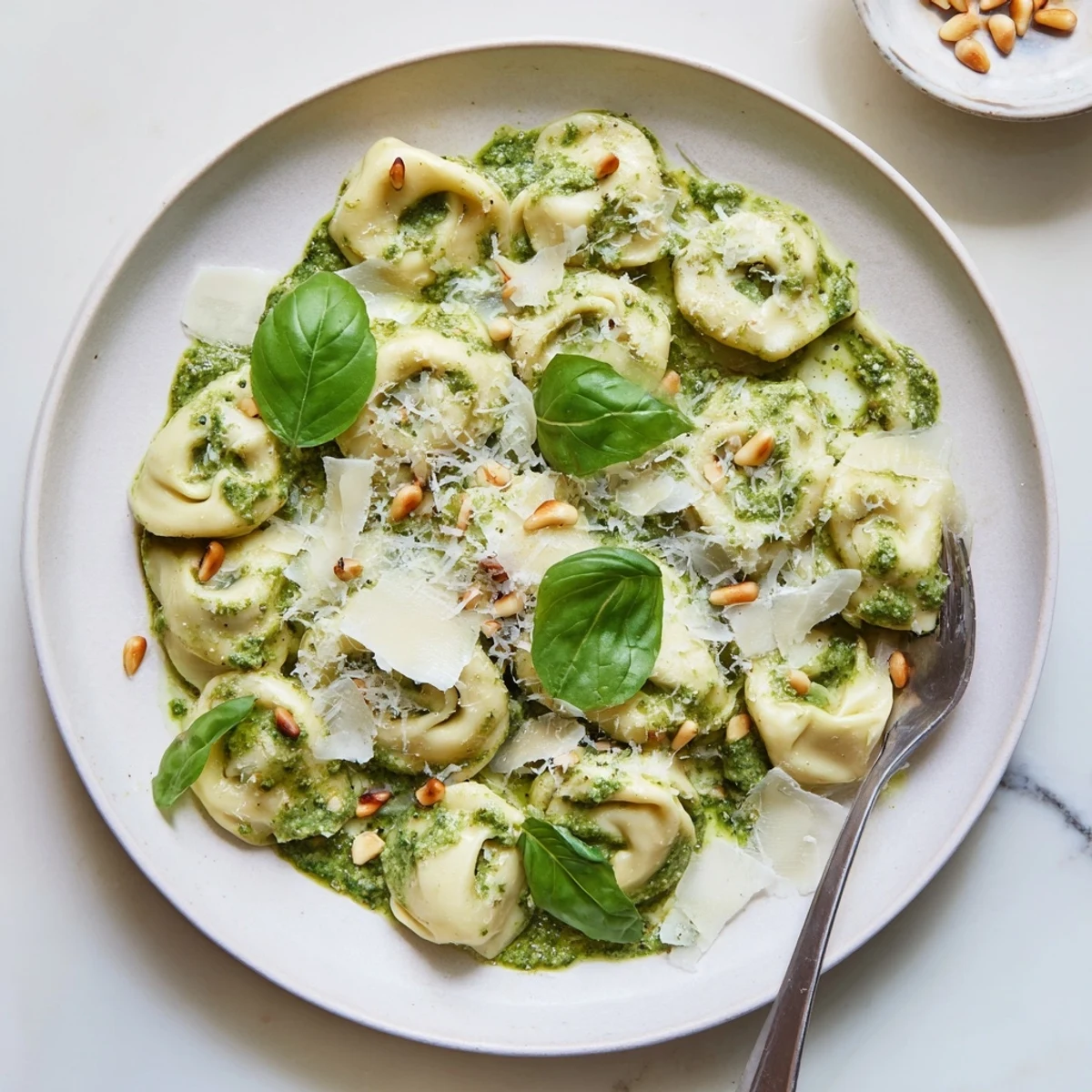 Close-up of Pesto Alfredo Tortellini showing rich cream sauce coating each pasta ring, topped with grated Parmesan and fresh basil sprigs.