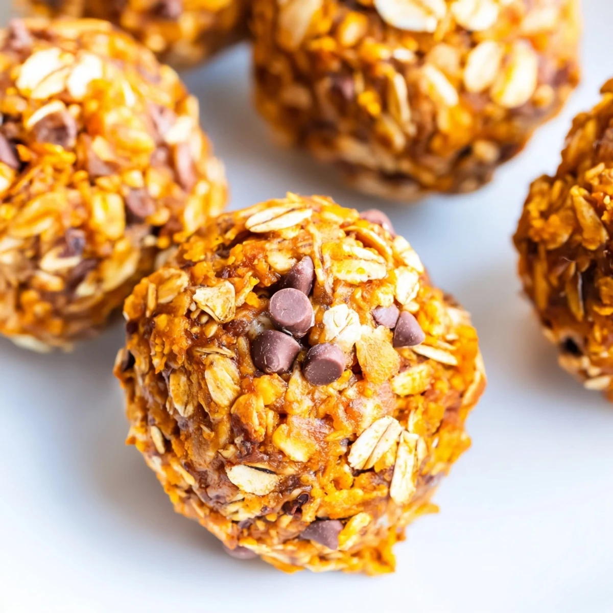 A close-up of No Bake High Protein Pumpkin Bites on a rustic wooden board, showing their textured orange surfaces.