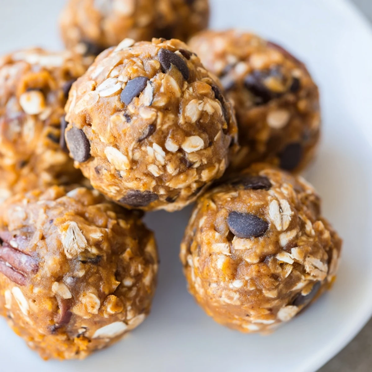 A hand holds one No Bake High Protein Pumpkin Bite, revealing a moist interior with specks of oats and spices.