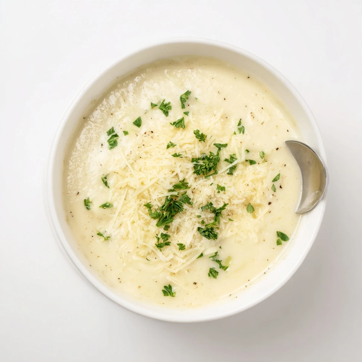 Creamy Asiago Roasted Garlic Cauliflower Soup garnished with parsley, served hot in a rustic bowl.