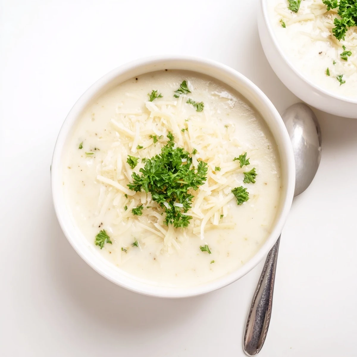 Hearty bowl of Asiago Roasted Garlic Cauliflower Soup paired with crusty bread, perfect for chilly days.