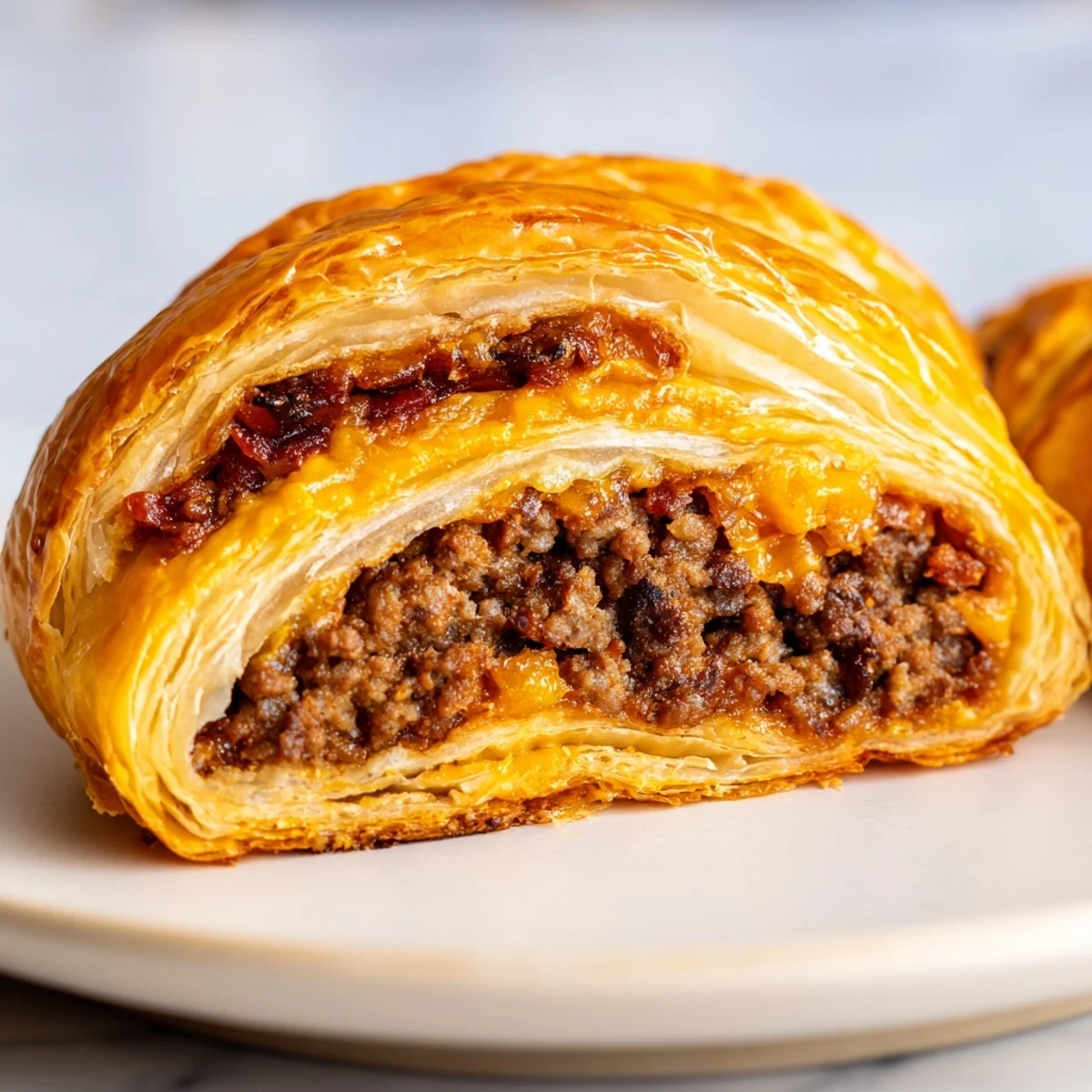 Golden baked Cheesy Bacon Burger Rollups with flaky puff pastry and melted cheddar on a rustic board.