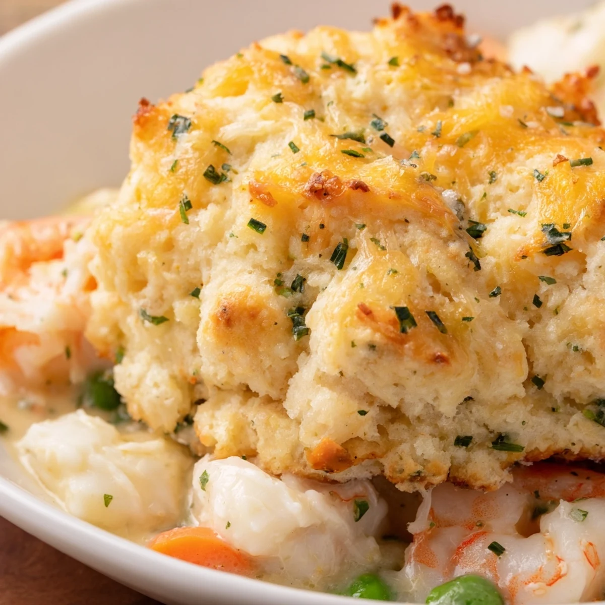Golden, cheesy Cheddar Bay biscuit topping crowns a creamy seafood pot pie filled with shrimp, crab, and tender vegetables for a comforting dinner.