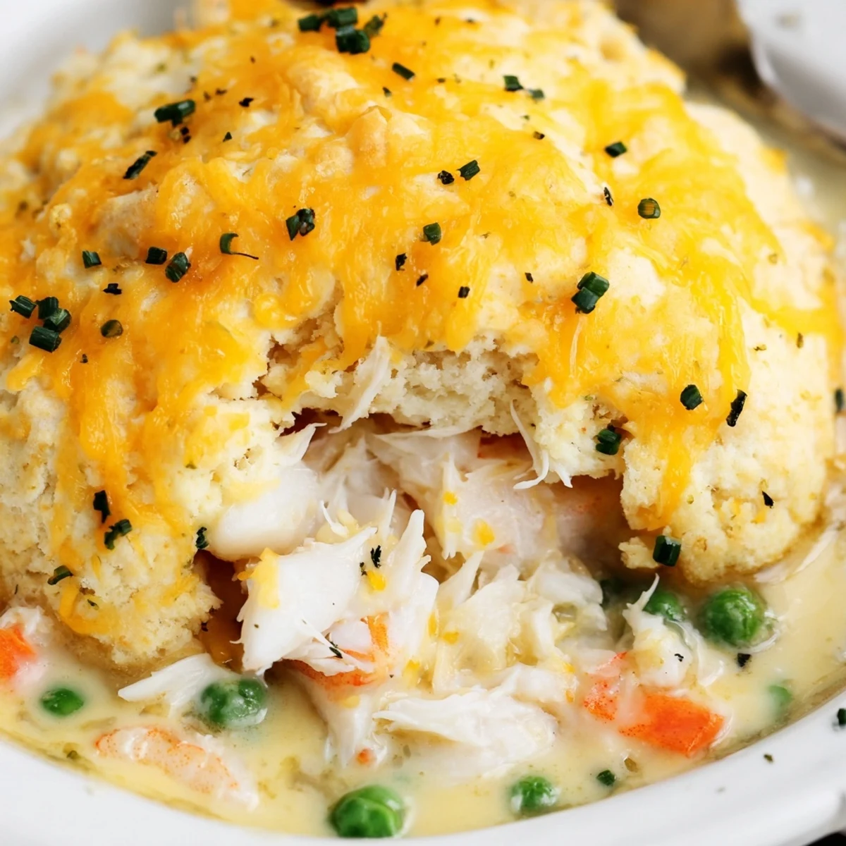 Steam rises from the bubbly filling of this seafood pot pie, featuring flaky cod, peas, and carrots beneath herb-flecked biscuit crust.