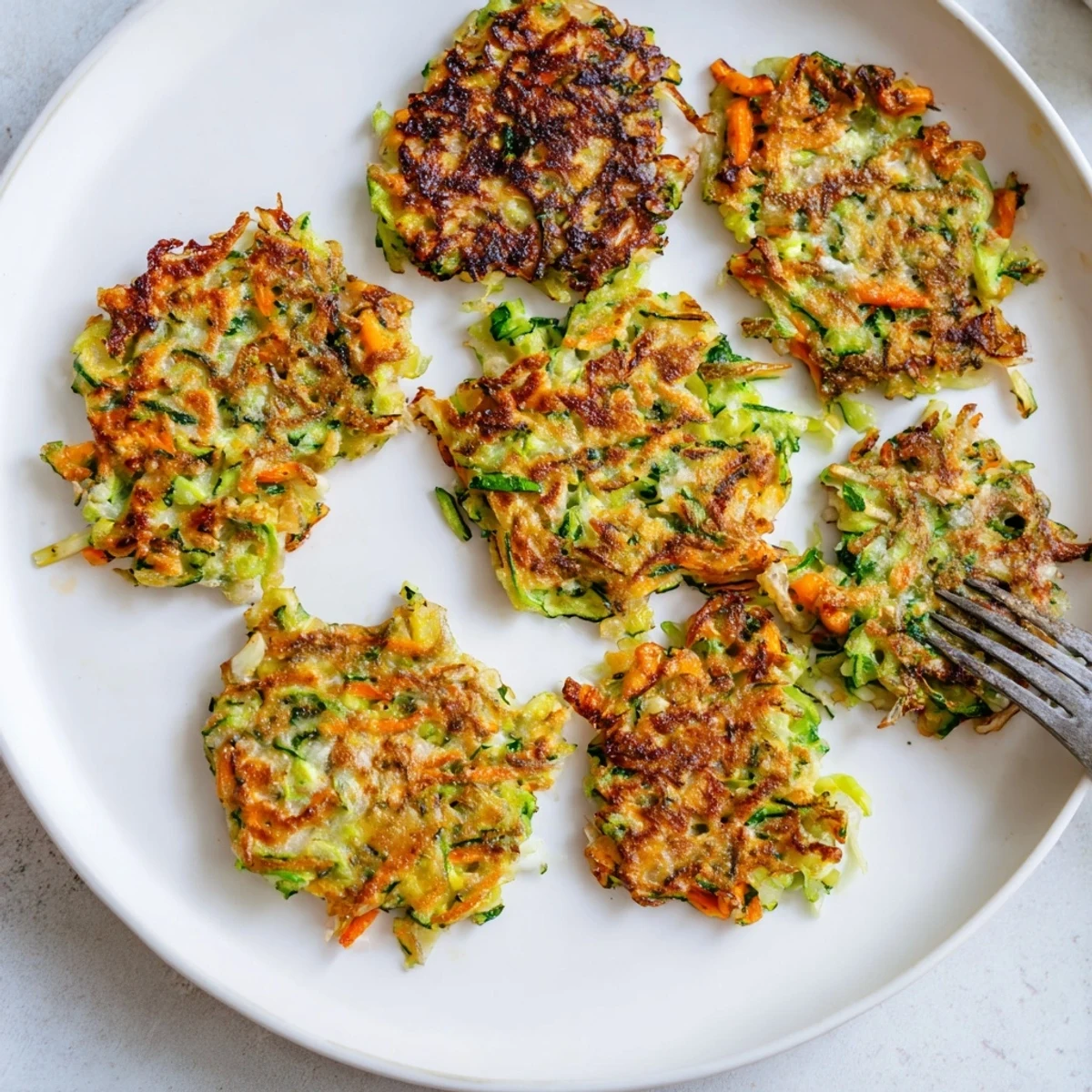 Crispy Easy Zucchini Fritters golden brown and piled high on a white plate with a small bowl of creamy tzatziki.