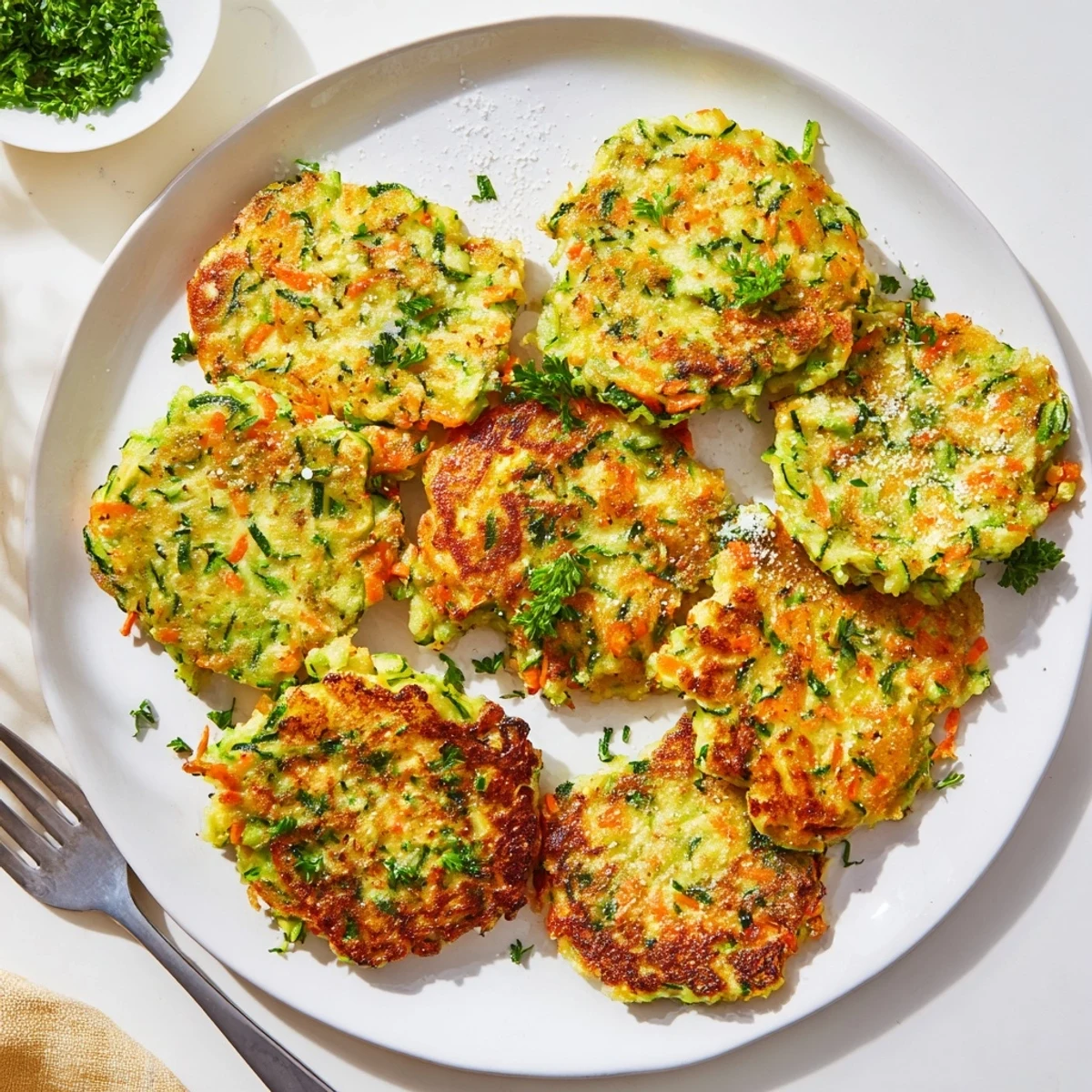 Golden Crispy Easy Zucchini Fritters on a rustic wooden board, garnished with fresh dill and lemon wedges for serving.