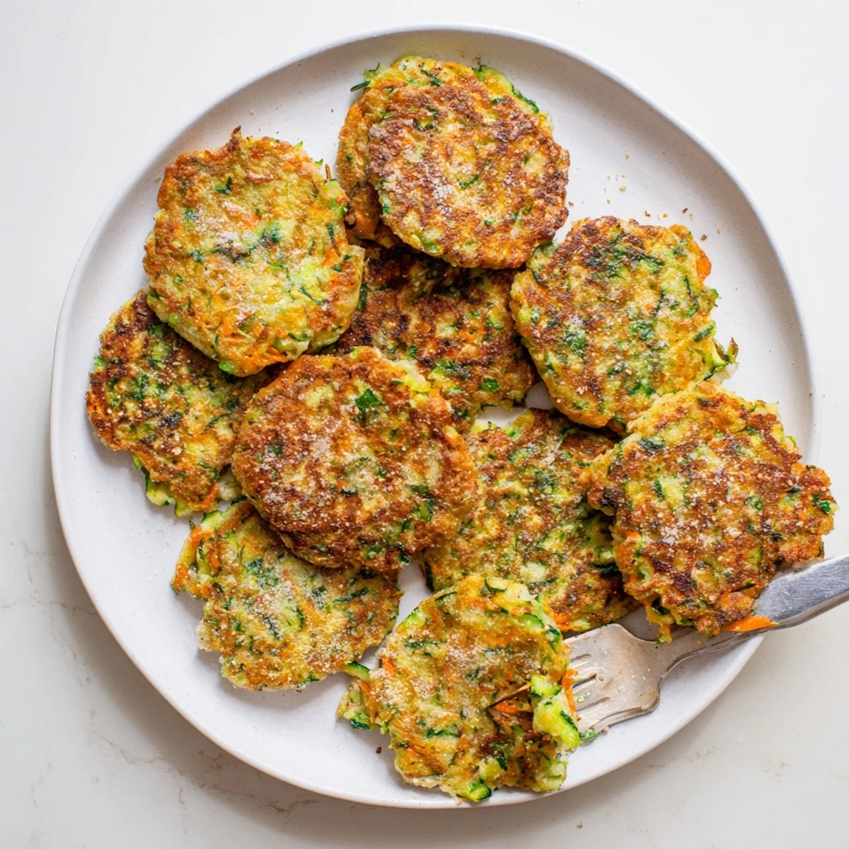 A close-up of Crispy Easy Zucchini Fritters showing a crunchy exterior and tender, green-flecked interior on a marble counter.
