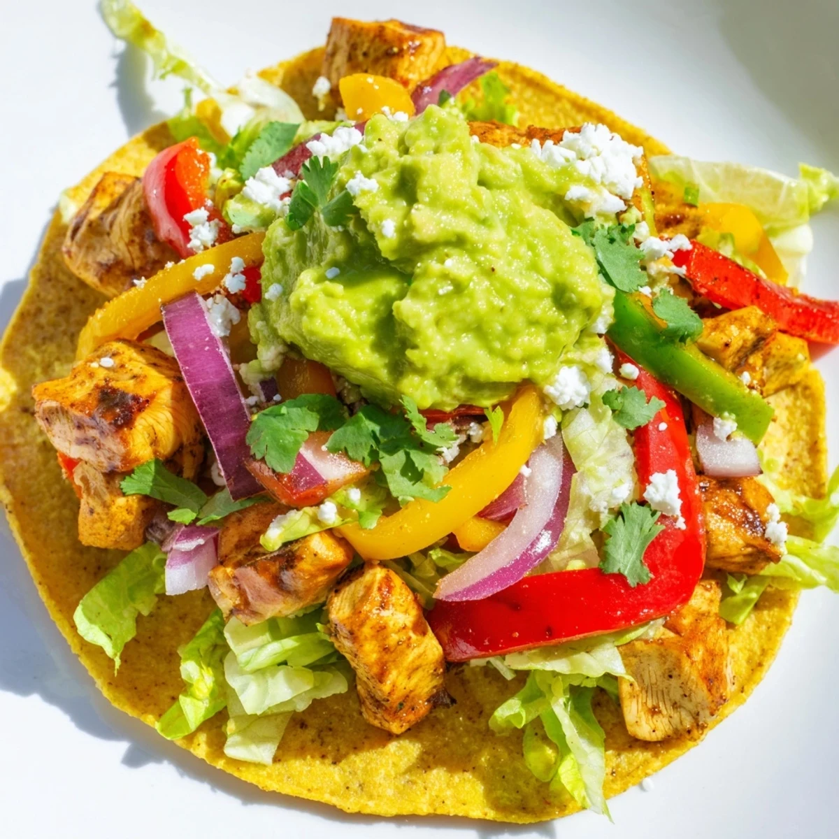 Crispy corn tostada shell topped with seasoned chicken, vibrant sautéed veggies, and creamy guacamole, perfect for a quick dinner.
