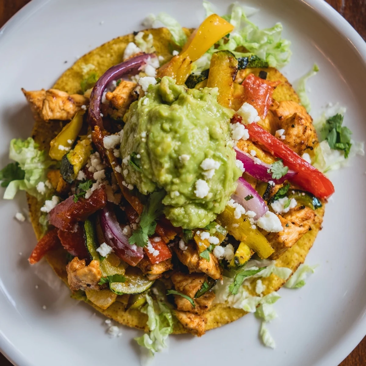 Colorful Chicken Veggie Tostadas With Guacamole arranged on a plate, featuring juicy chicken and fresh cilantro garnish.