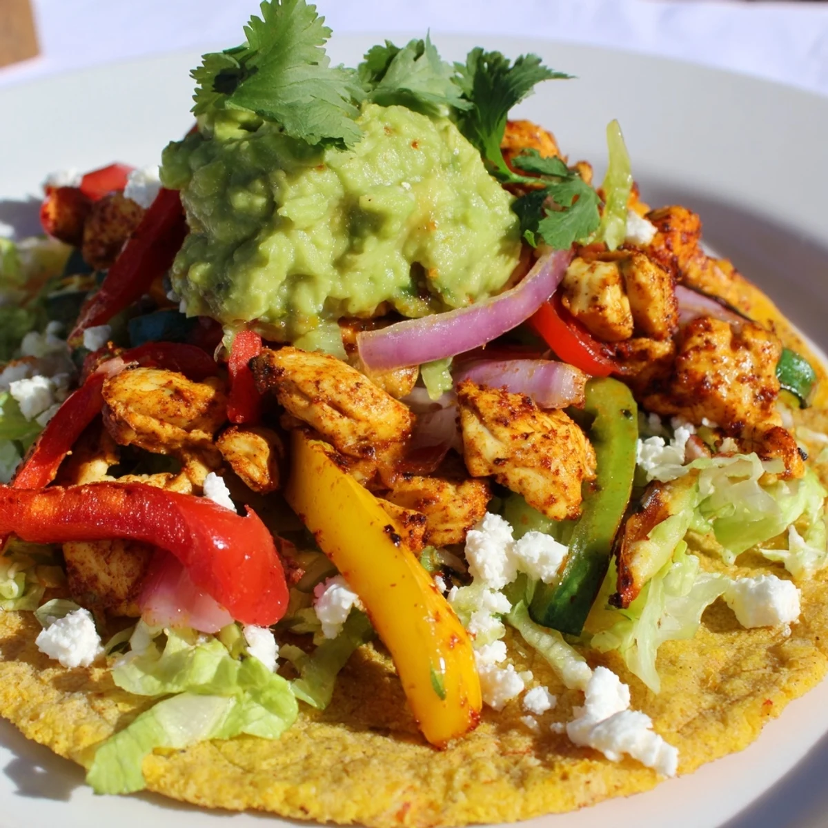 A close-up of Chicken Veggie Tostadas With Guacamole, highlighting the textures of spiced chicken and diced avocado.