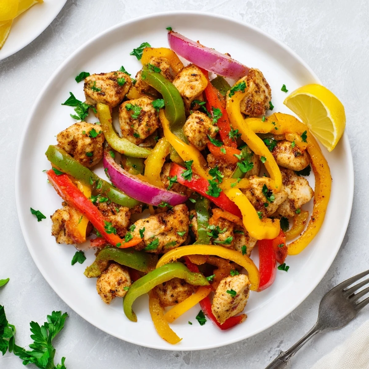 Vibrant, spicy Cajun Chicken Bell Peppers Spicy Delight with tender chicken and colorful bell peppers sizzling in a skillet.