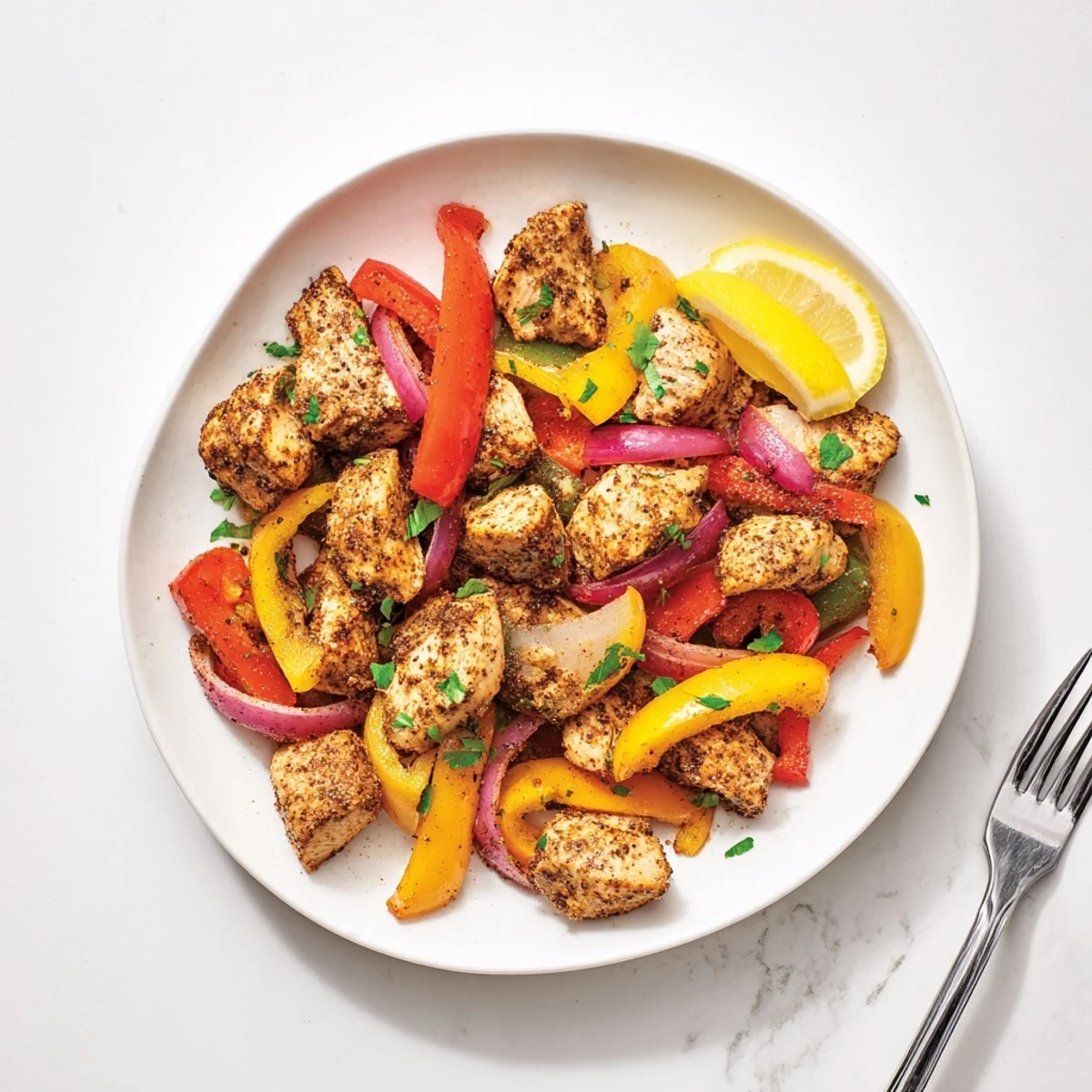 A close-up of Cajun Chicken Bell Peppers Spicy Delight, highlighting the juicy chicken and crisp, multi-hued peppers.