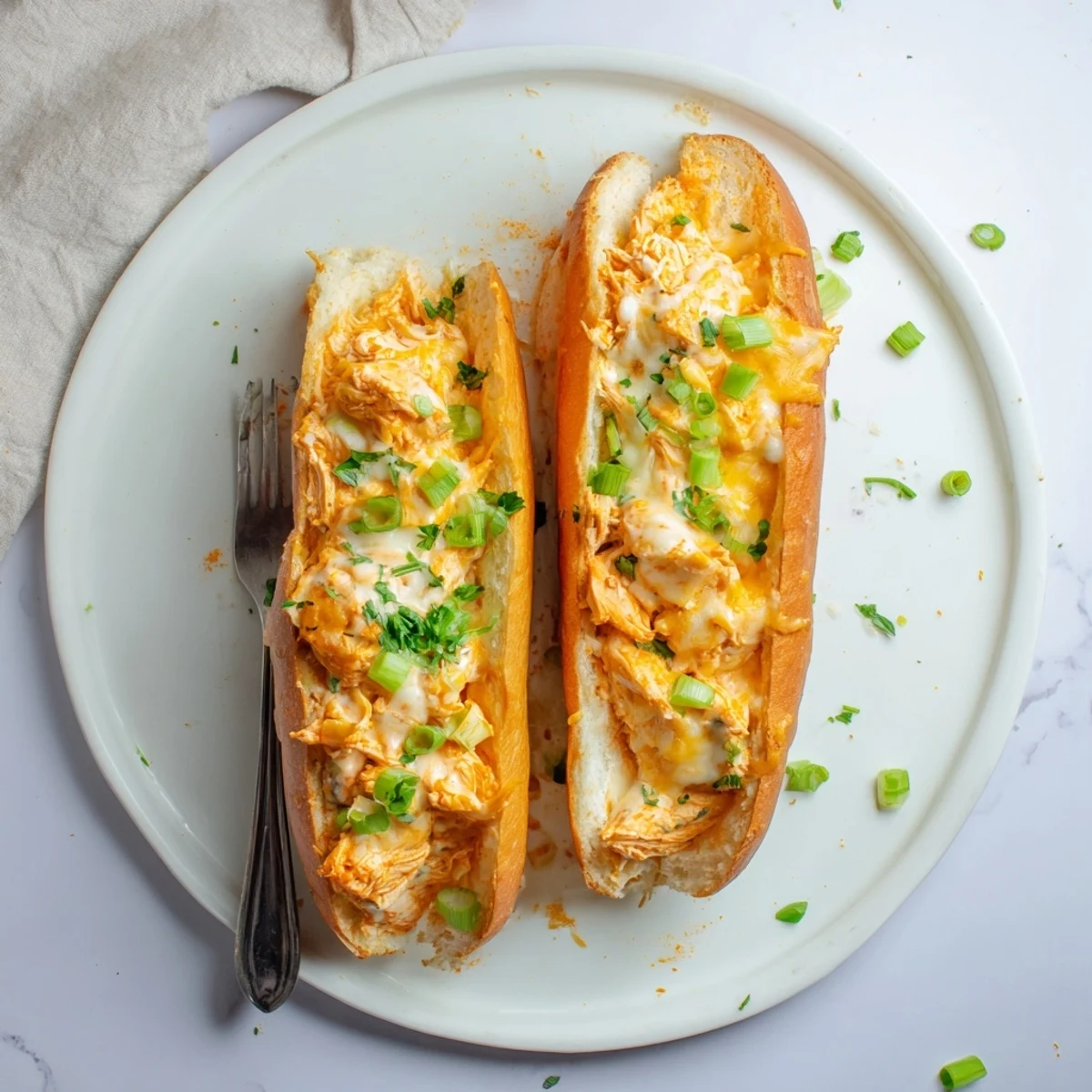 Golden melted cheddar and mozzarella blankets a steaming, cheesy buffalo chicken stuffed French bread loaf, garnished with fresh parsley and sliced green onions on a rustic board.