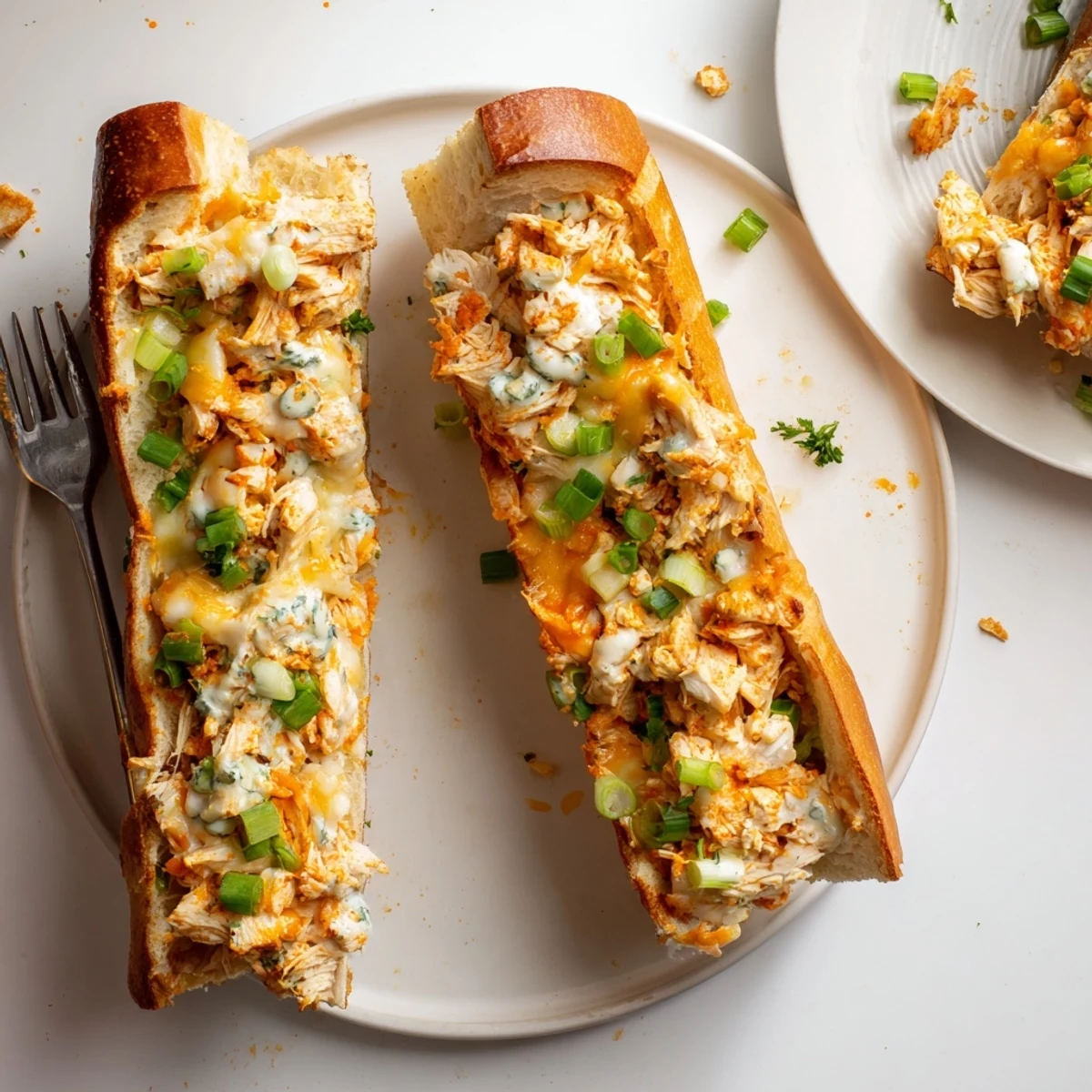 Fresh chopped green onions and parsley top this golden-brown stuffed French bread, showcasing the gooey, spicy buffalo chicken and cheese filling for an irresistible appetizer or main dish.