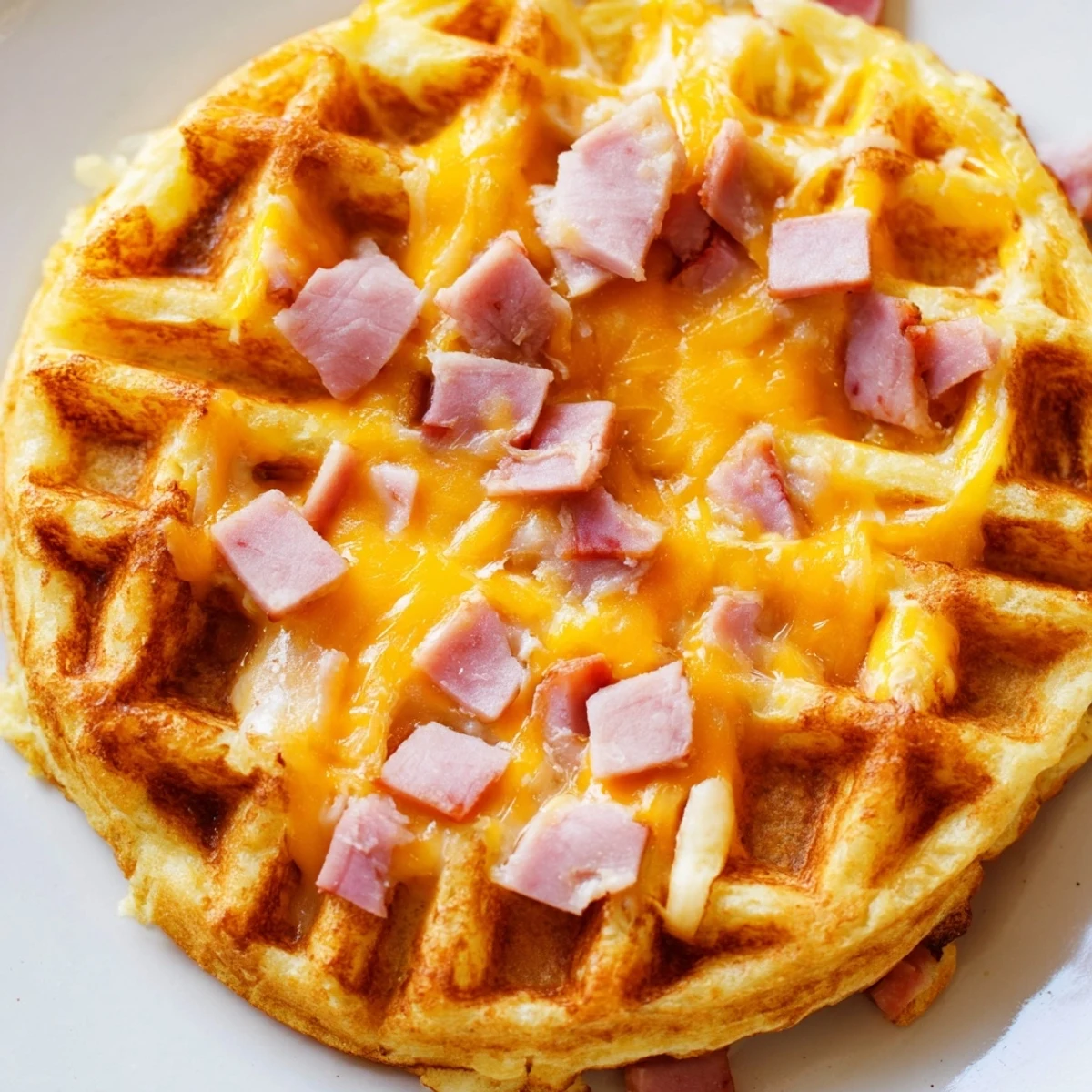 Golden crispy Ham and Cheese Chaffles sit on a wire rack, steam rising from melted cheddar and diced ham in the waffle wells.