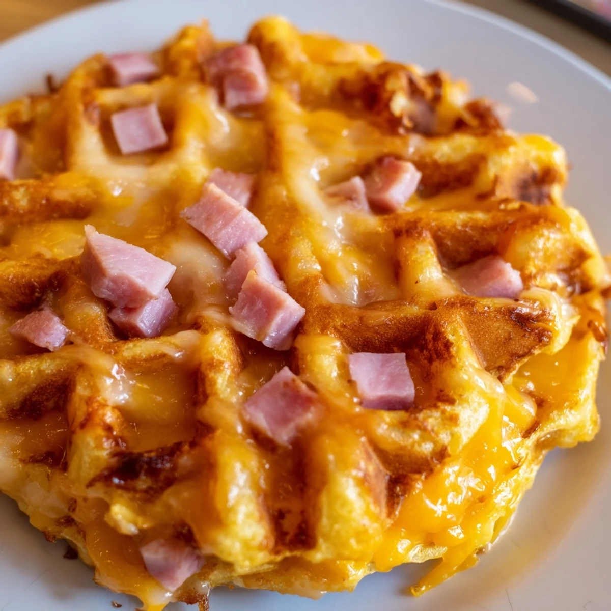 Close-up of a Ham and Cheese Chaffle revealing crispy edges and a cheesy interior, with a slice of ham peeking through.
