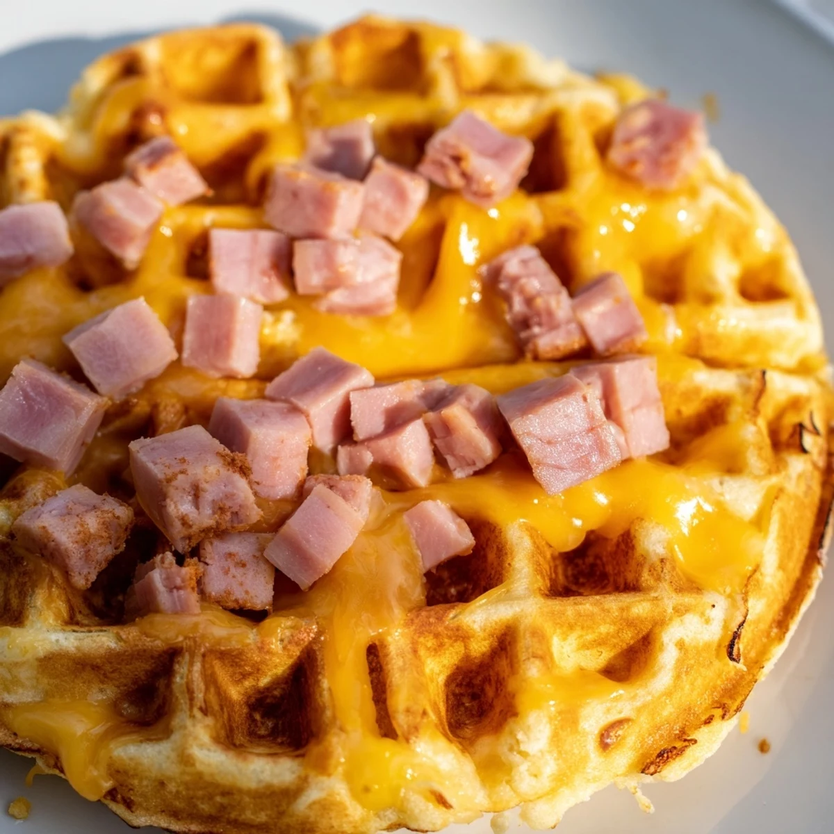 Savory Ham and Cheese Chaffles shine on a plate with a dollop of sour cream and fresh chives, perfect for low-carb breakfasts.