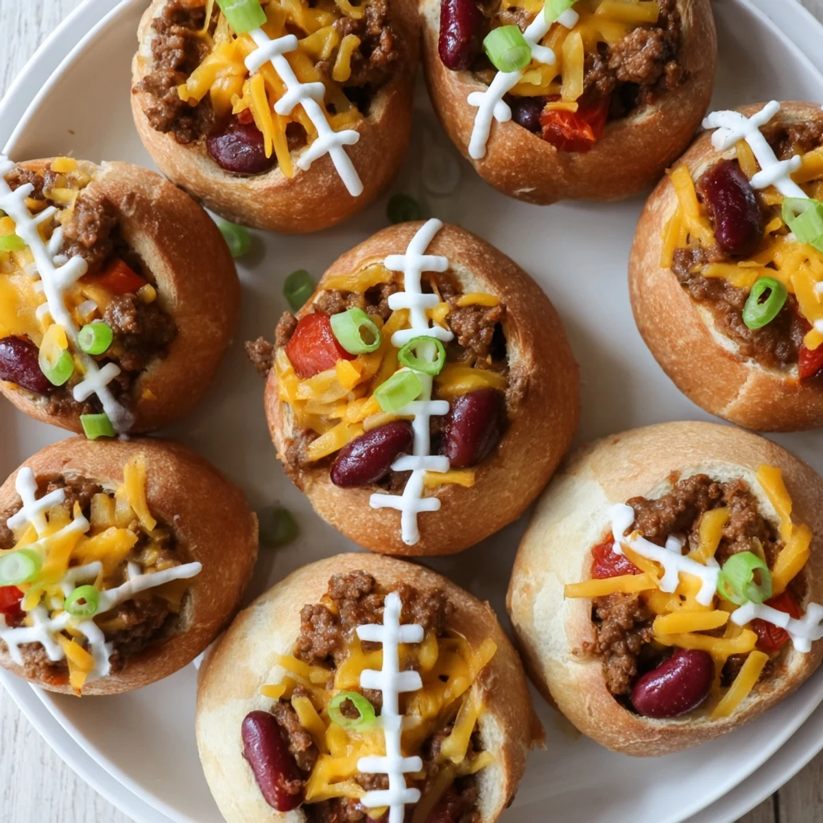 Golden-brown Mini Chili Football Bread Bowls sit on a platter, each filled with hearty beef chili, topped with melted cheddar, and decorated with sour cream laces for a game day appetizer.