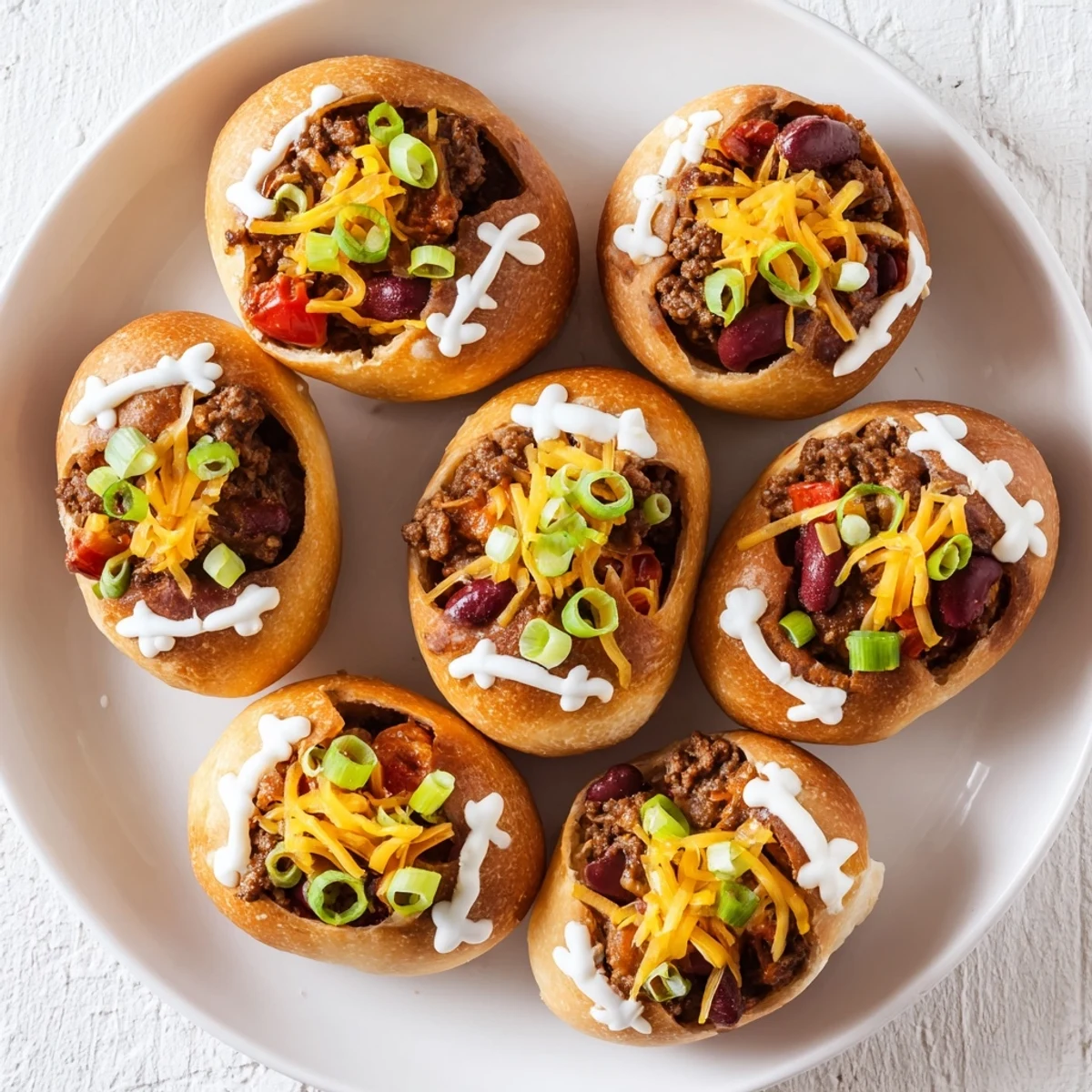 Freshly baked Mini Chili Football Bread Bowls served on a wooden board, featuring savory chili, melted cheese, and decorative football-style sour cream laces perfect for a U.S. Super Bowl party.