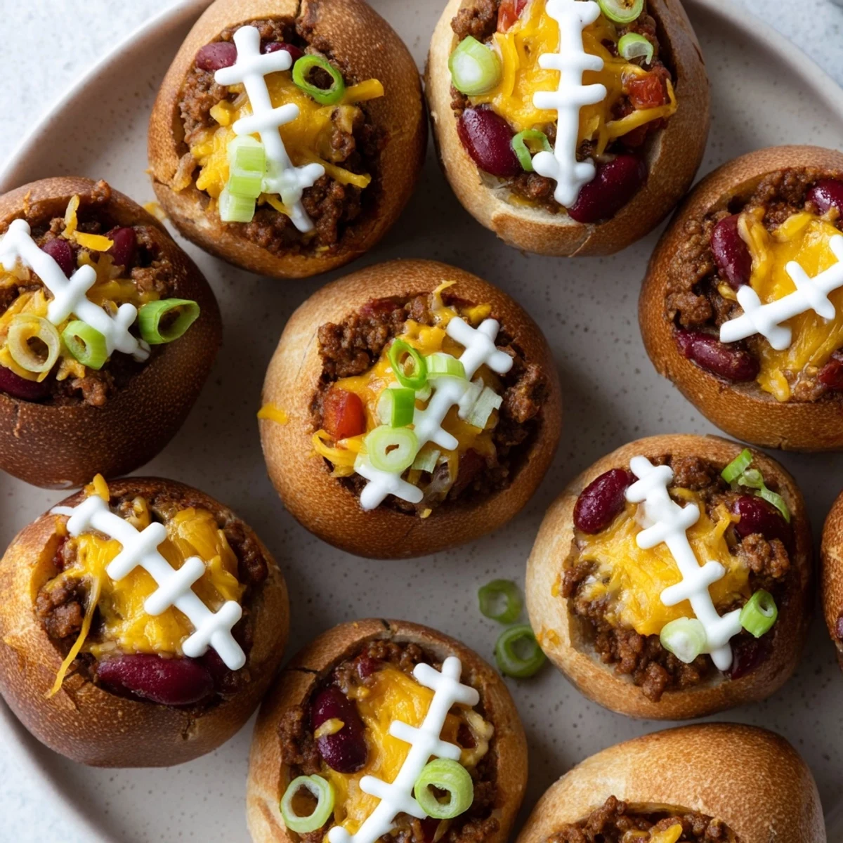 A close-up of Mini Chili Football Bread Bowls shows the steaming ground beef and bean filling inside soft bread shells, with melted cheddar and white sour cream laces.