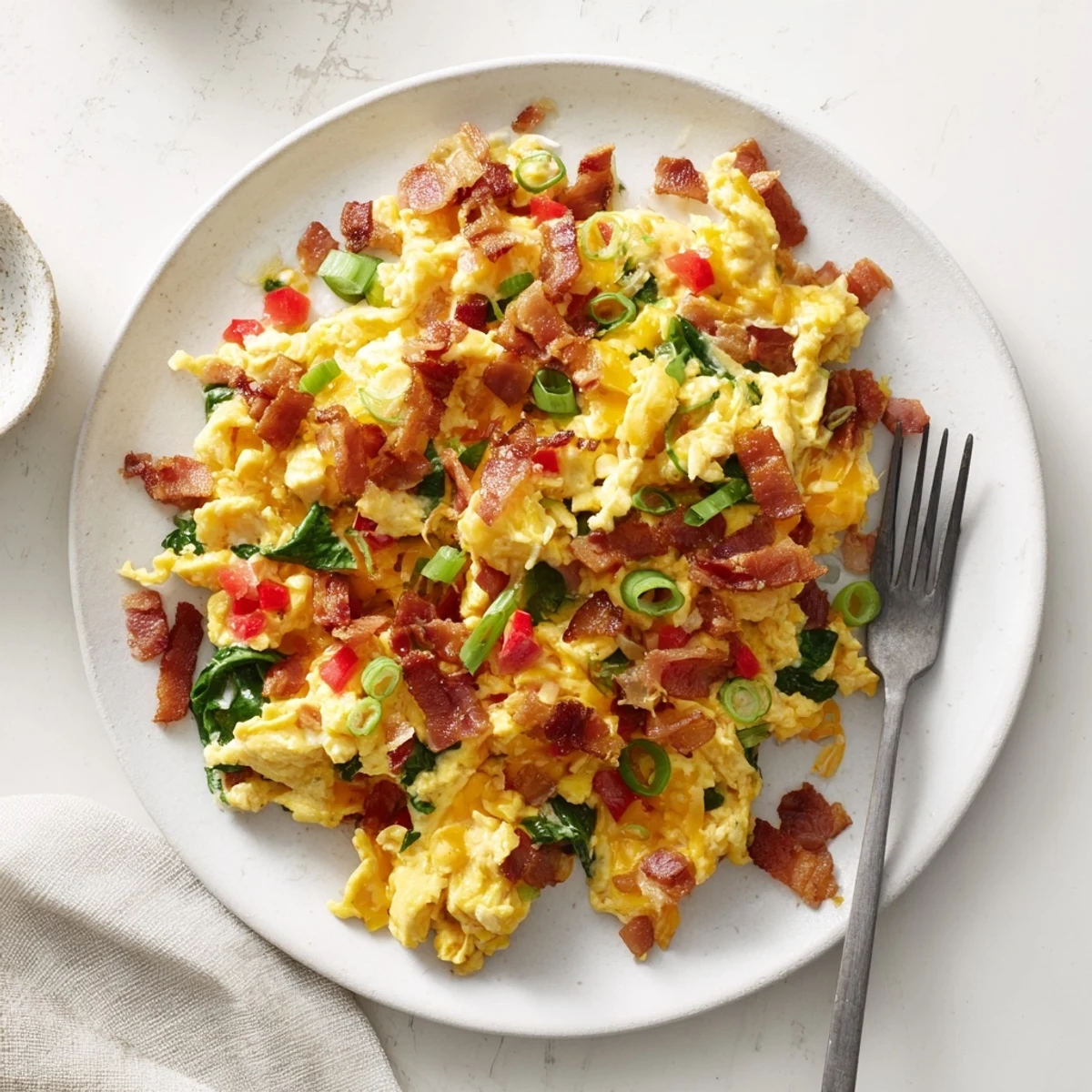Fluffy Loaded Scrambled Eggs with crispy bacon, sautéed red peppers, spinach, and melted cheddar cheese served hot.