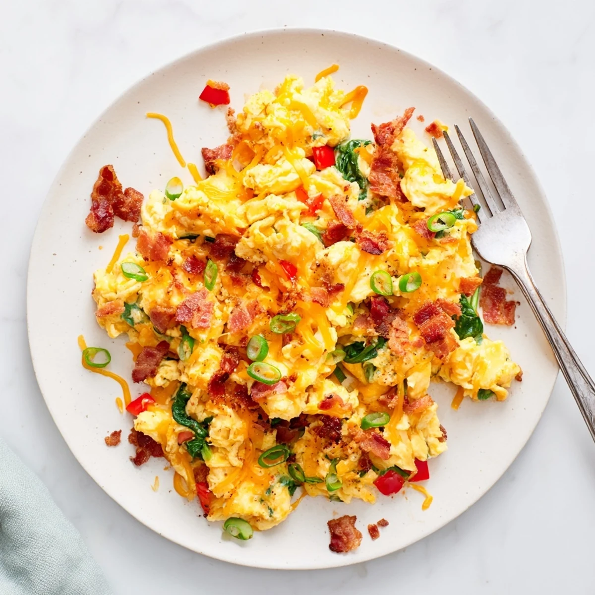Golden scrambled eggs Loaded Scrambled Eggs topped with crumbled bacon, green onions, and melted cheddar for a hearty breakfast.